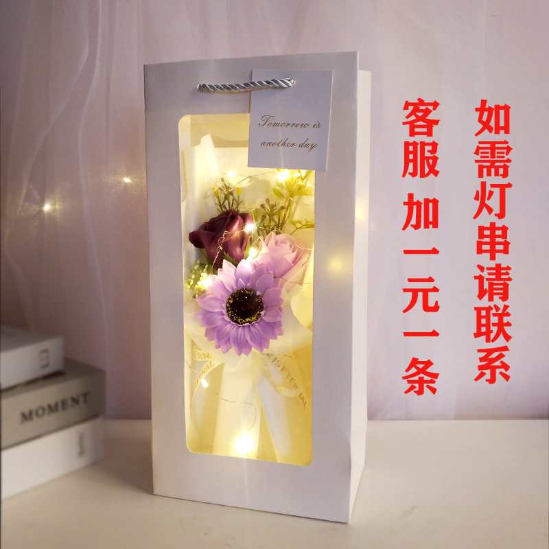 Teacher's Day Gift Finished Sunflower Portable with Light Bouquet Wholesale Soap Rose Present for Client Gift