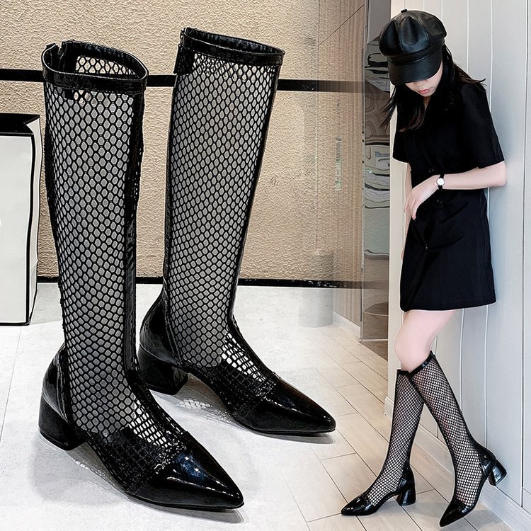 镂空网靴女平底