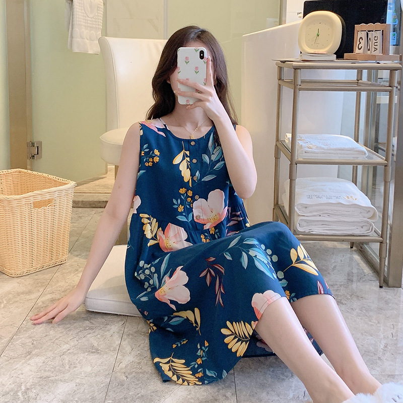 Spring and Autumn New Artificial Cotton Nightdress Women's Summer Fashion Casual Thin Long Pajamas Can Be Worn outside plus Size Homewear