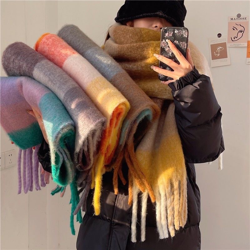 Rainbow Scarf Women‘s Plaid Cashmere Tassel Warm Shawl Versatile Fashion Winter New Thick Windproof Scarf