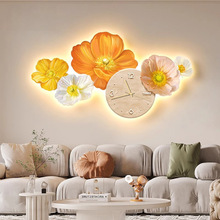 北欧ins风小清新客厅沙发背景墙装饰画带钟表现代花卉led发光灯画