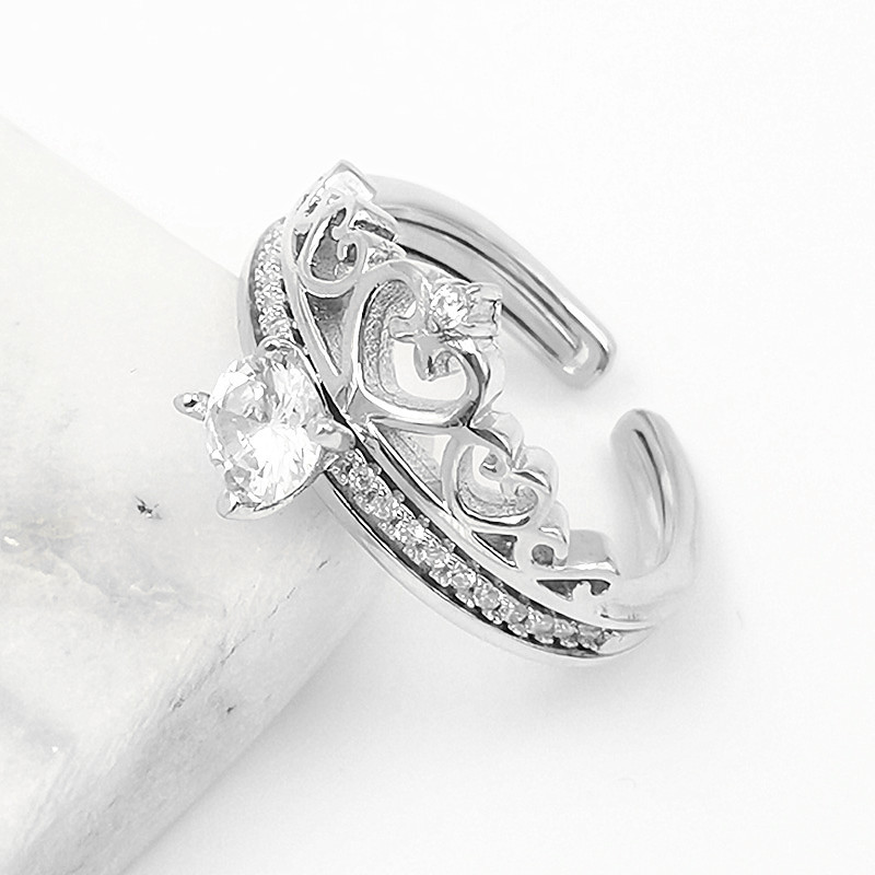 s925银戒指女 韩版镶钻锆石两用皇冠复古开口戒指跨境厂家批发