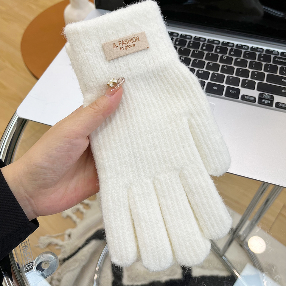 South Korea Knitted Knitting Wool Gloves Women's Cold Protection in Winter Thickened Fleece-lined Candy Color Cycling Touch Screen Exposed Finger Five Fingers