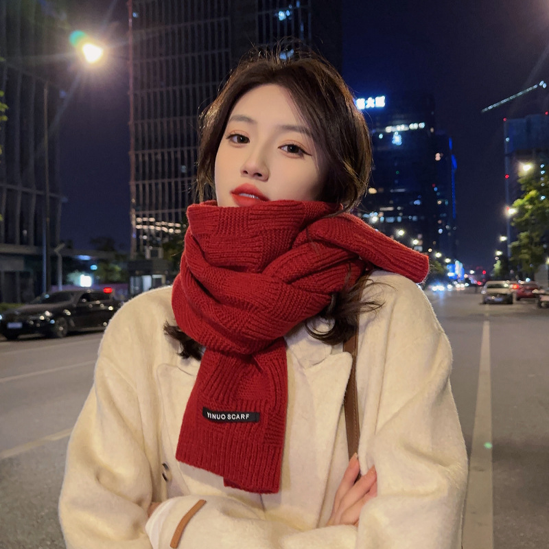 Korean Style Knitted Wine Red Scarf Simple Pure Color All-Matching Scarf Couple Autumn and Winter Artistic Warm Artificial Cashmere Scarf