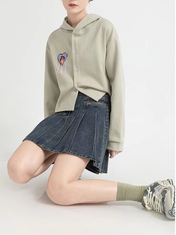 American Retro High Waist Slimming Pleated Half-Length Denim Short Skirt Women's Design Sense Niche Japanese Style Young Denim Skirt
