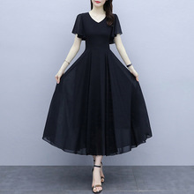 今年流行裙子夏季黑色长款雪纺遮肚子连衣裙女收腰显瘦气质女神范