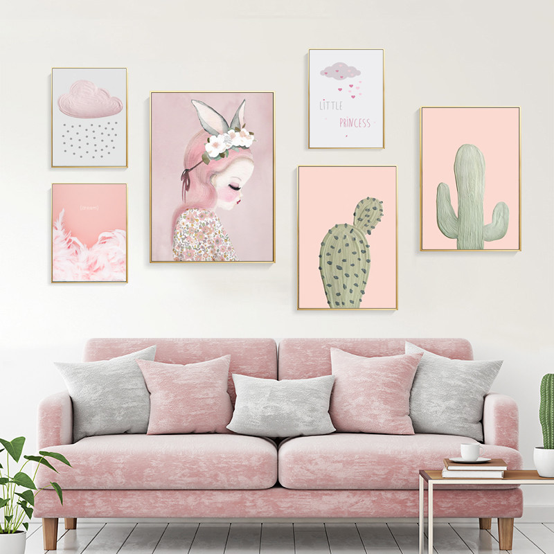 北欧卡通小清新女孩粉色云彩仙人掌儿童房照片墙装饰画图片画芯