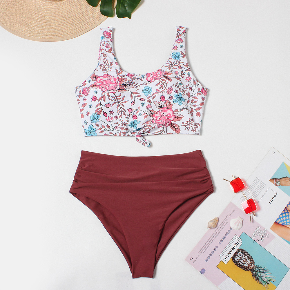 鸿丰2023年跨境电商亚马逊小碎花保守拼色款比基尼套装泳衣女