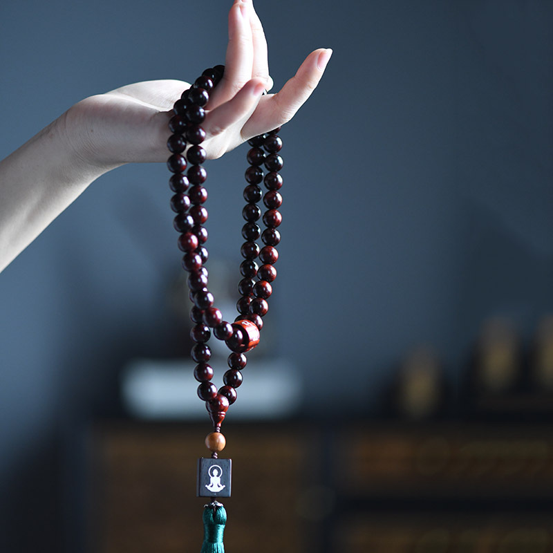 印度小叶紫檀10mm72颗佛珠手串手持车挂珠配银片镶嵌跑环一体三通