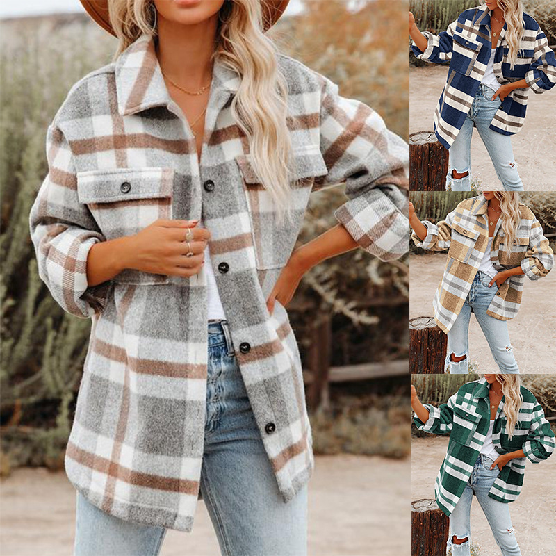 2023 Amazon Autumn and Winter Women's Cross-Border European and American Amazon Plaid Button Flannel Woolen Shirt Coat