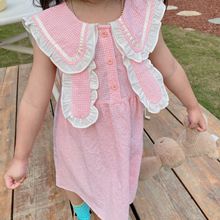 甜美可爱~韩国童装女童夏季粉格翻领耳朵造型无袖连衣裙
