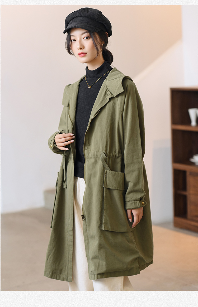 2021连帽风衣 女长款春秋季新款大口袋风衣外套女装文艺宽松拉链