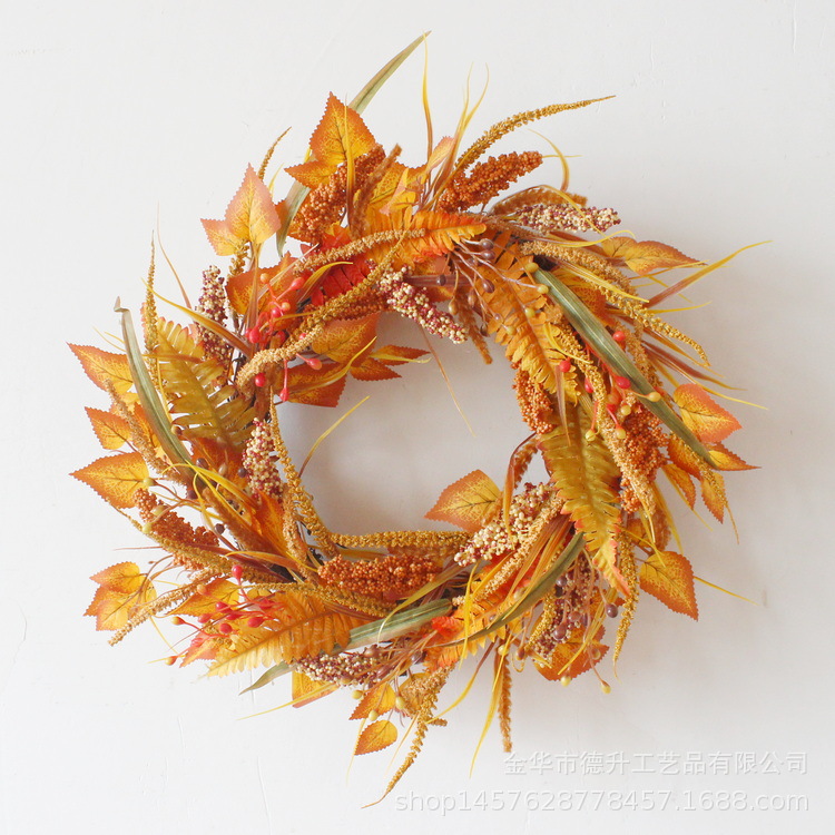 Cross-Border Hot Sale Amazon Autumn Color Berry Wheat Artificial Wreath Natural Vine Ring 45cm Harvest Festival Garland