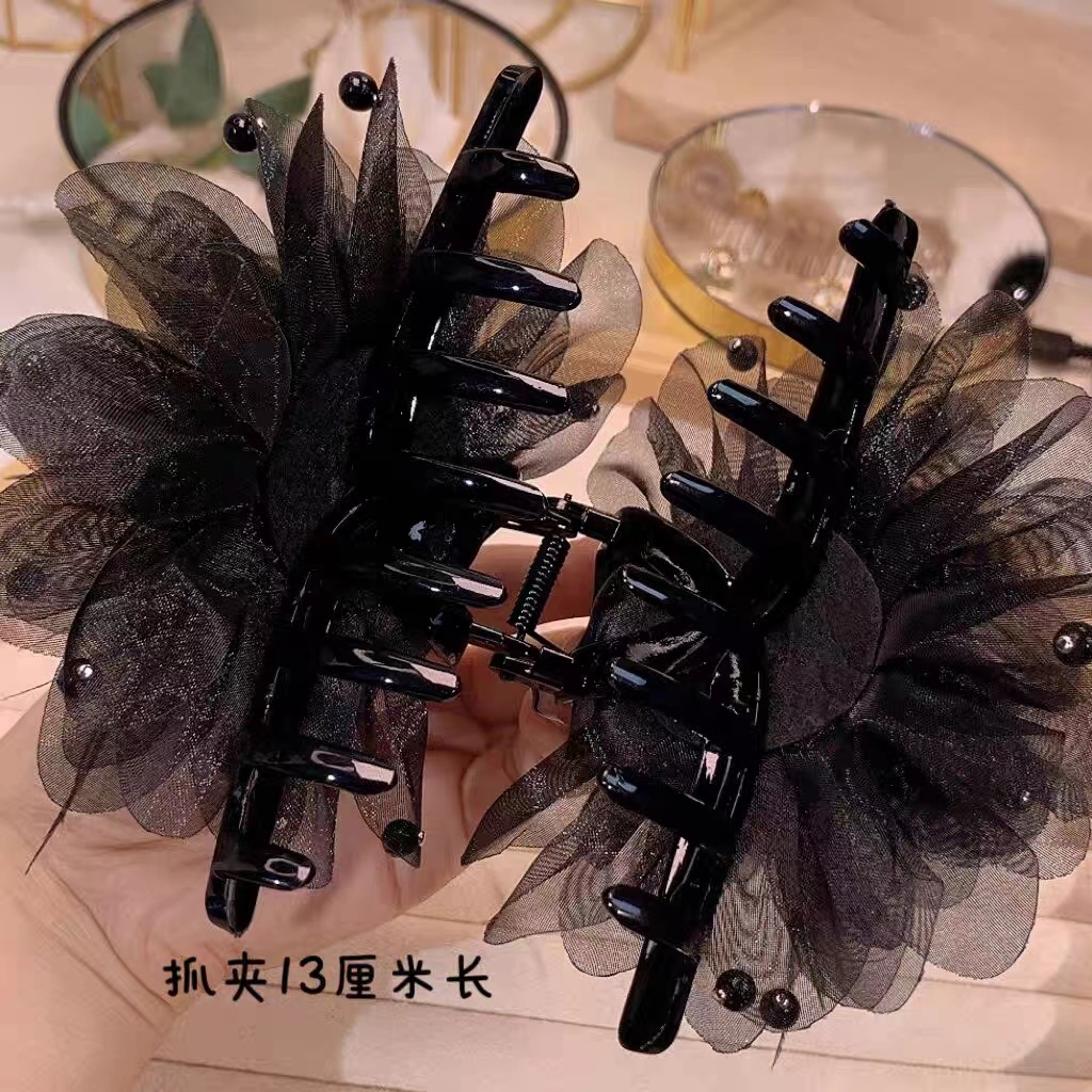 New Affordable Luxury Fashion Black Peony Feather Grip Temperament Large Shark Clip Updo Hairpin Hair Accessories Wholesale