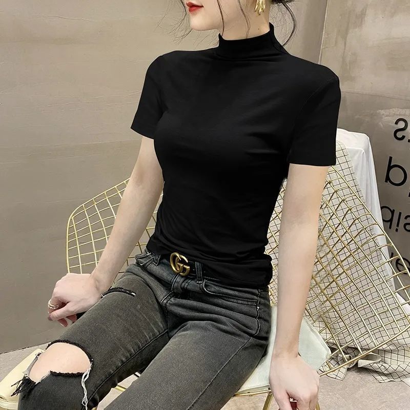 Yxbb Half Turtleneck Short Sleeve Bottoming Shirt Women's Spring and Summer All-Match T-shirt Temperament Half Sleeve Black Tight Trousers Top Vest