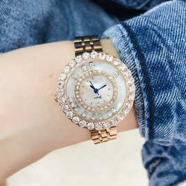 雅琴手表女表镶钻滚动快乐钻贝母面实心钢带品牌高档时尚女士防水
