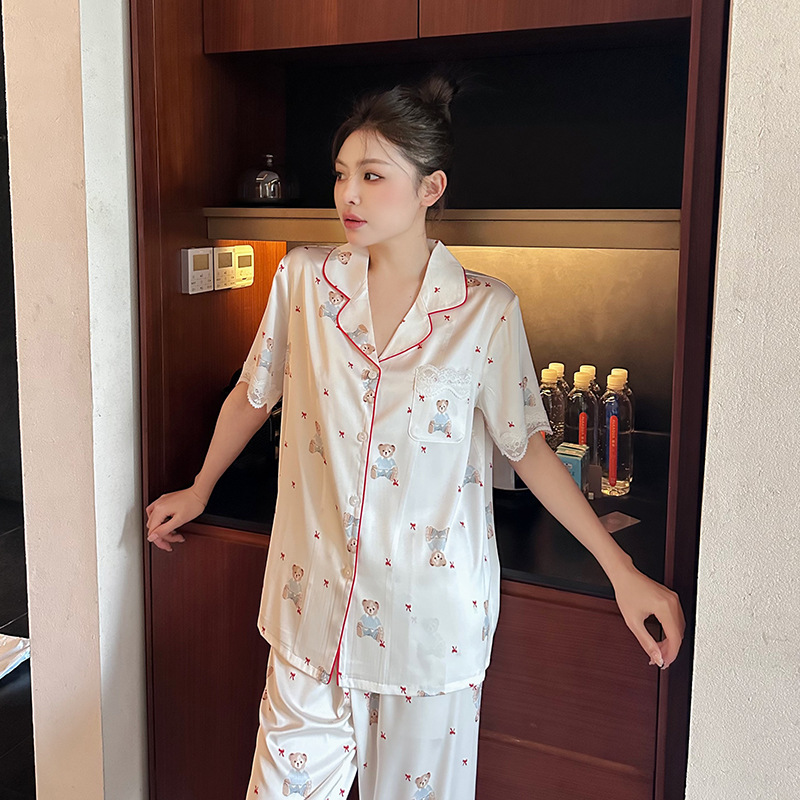 睡衣女款夏季冰丝短袖甜美少女三件套可外穿丝绸高级感家居服