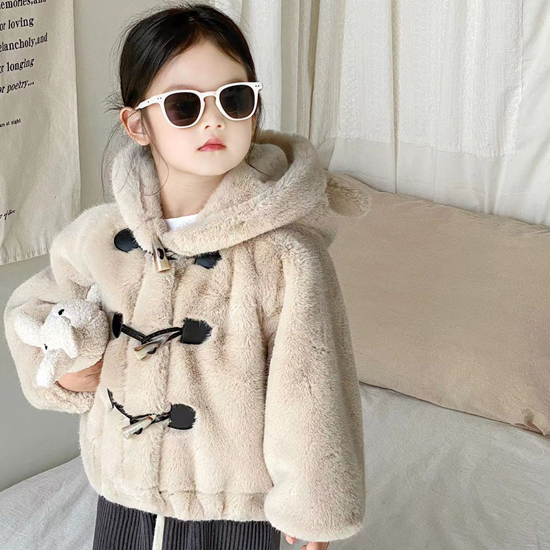 Deer Deer Girl Fur Coat 2023 Winter New Korean Style Children's Hoodie Furry Thickened Warm Coat