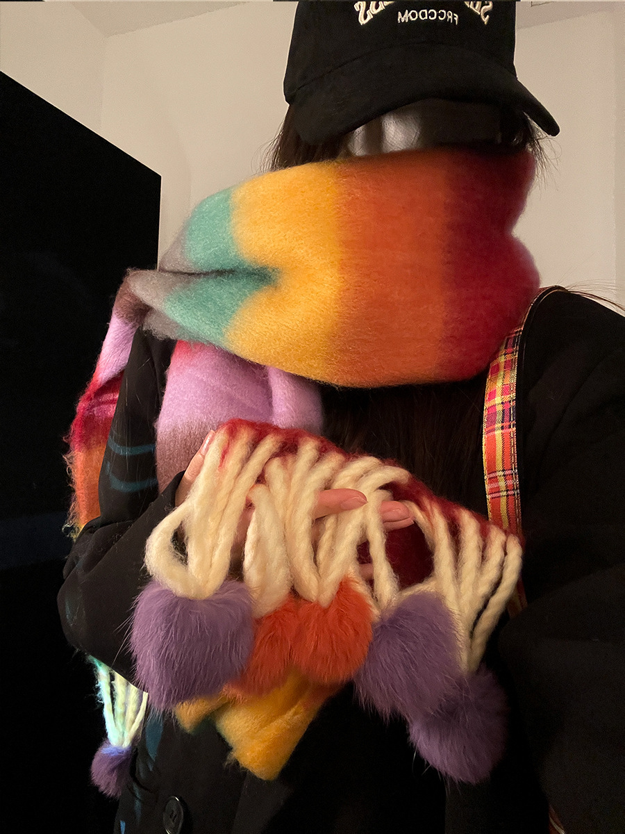 Rainbow Cake Series ~ Autumn and Winter Dopamine Warm Scarf Brushed All-Matching Tassel Fur Ball Scarf