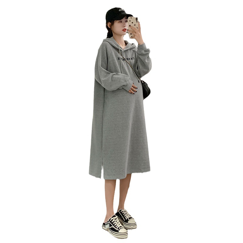 Pregnant Women's Fleece-Lined 2023 New Letter Print Drawstring Hoodie Western Style Autumn and Winter Large Size Gray Dress