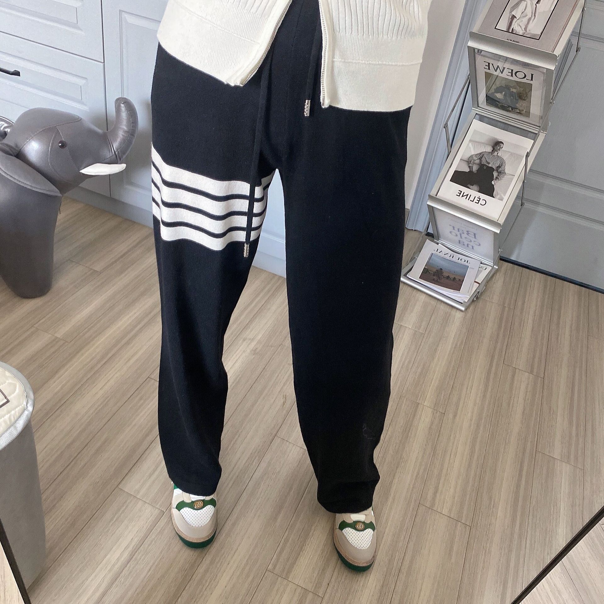 2021早秋新款tb四条杠灰色阔腿裤女直筒休闲运动裤抽绳高腰卫裤子