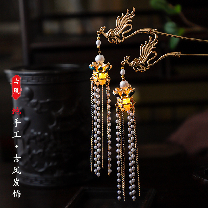 会发光的灯笼发簪女夏季古风汉服簪子后脑勺盘发发钗日常发饰头饰