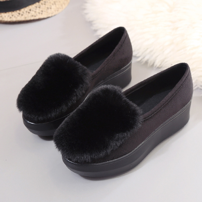 厚底毛毛鞋时尚松糕鞋女坡跟秋冬新款单鞋女鞋带毛防滑百搭豆豆鞋