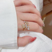 韩国ins风设计感轻奢超闪锆石树叶戒指女生礼物情侣指戒水晶戒指