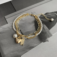 韩版小众设计多层爱心手链女珍珠复古冷淡风创意个性手环铜镀真金