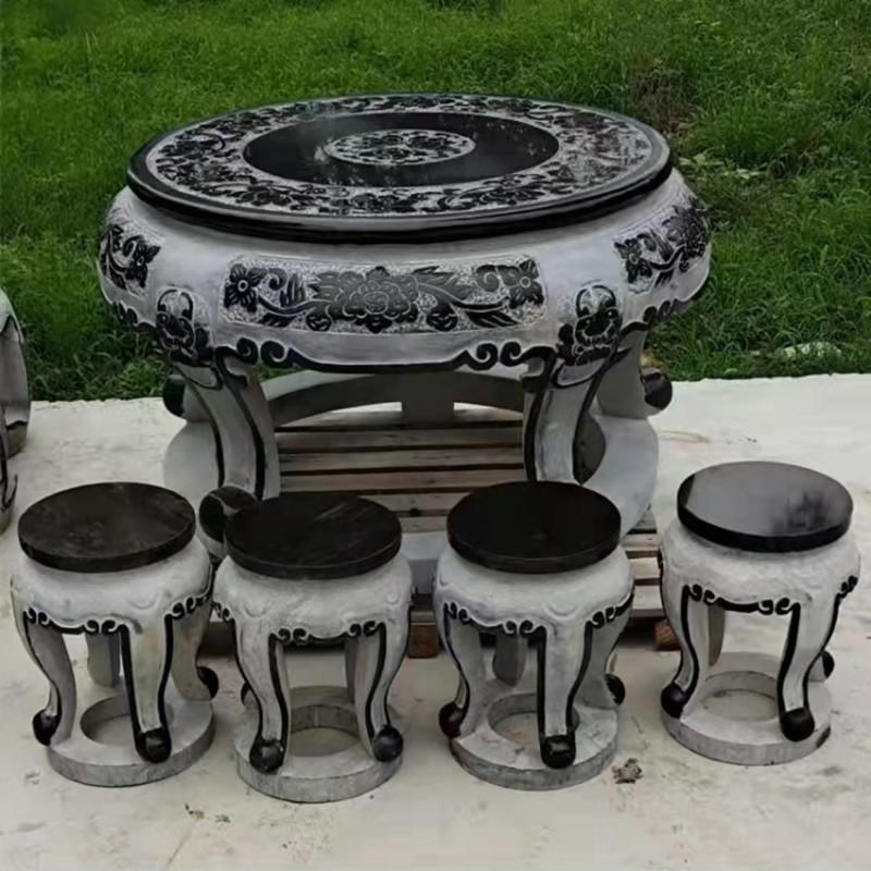 青石石桌 镂空圆石桌用于园林酒店别墅大院方石桌曲阳石雕桌子