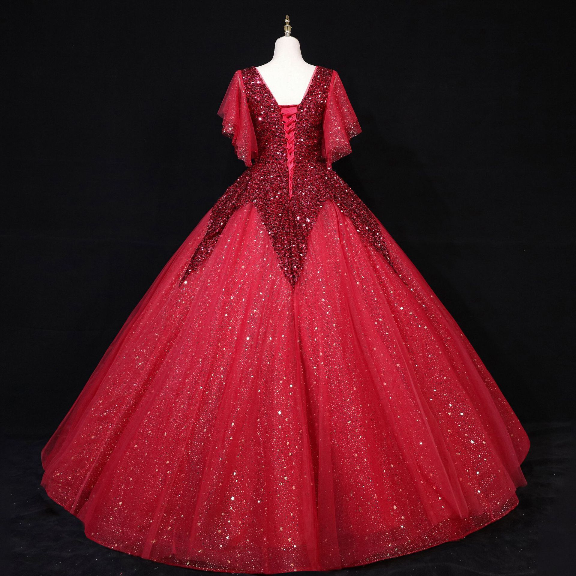 跨境外贸婚纱晚礼服 浅粉色v领新娘敬酒服晚宴舞台演出蓬蓬裙供应