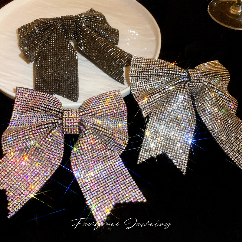 Super Shiny Full Diamond Bow Spring Clip Hairpin Korean Sweet Design Sense Top Clip Hairpin Niche High-Grade Hair Accessories