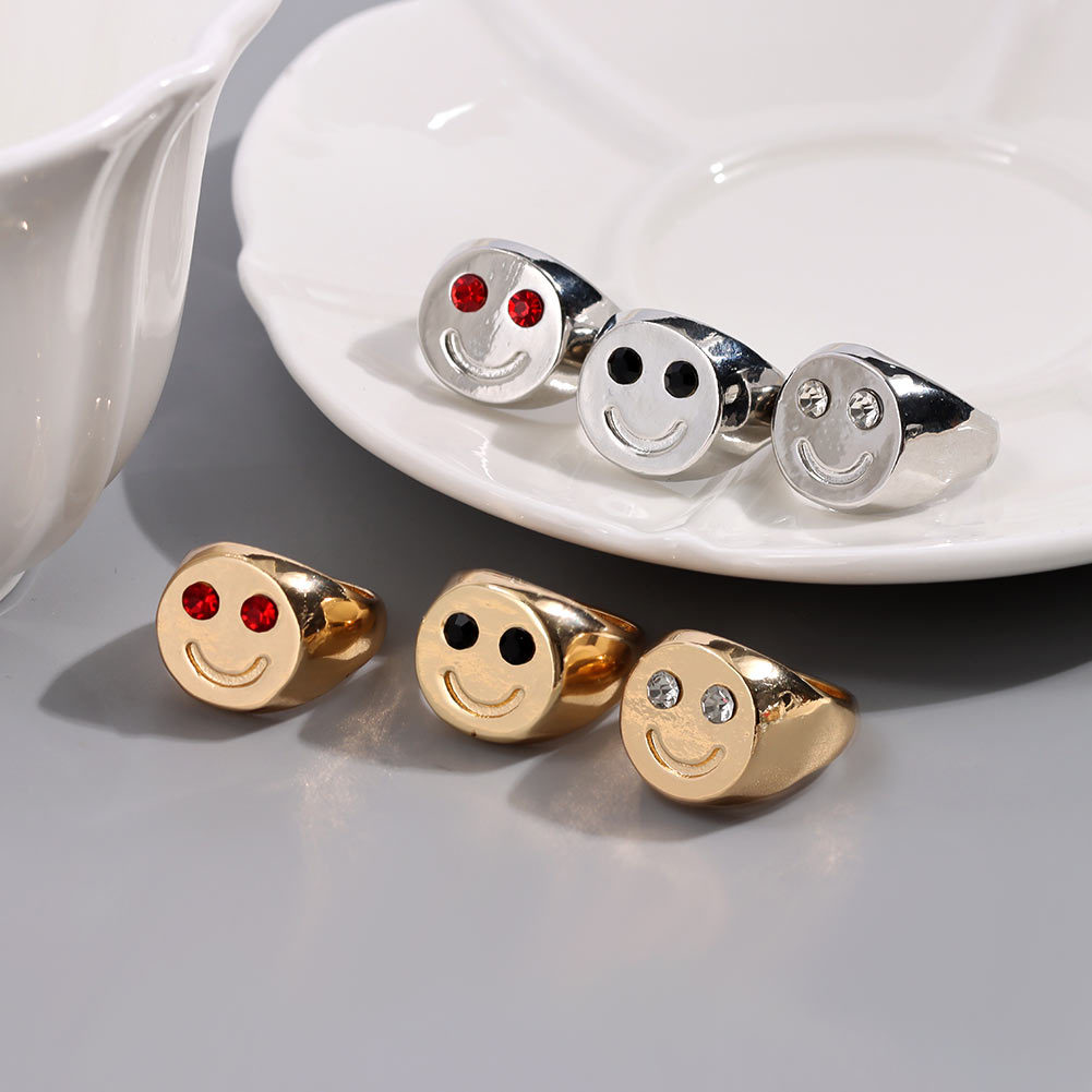 欧美ins外贸饰品笑脸表情戒指 网红同款个性镶钻笑脸指环戒指