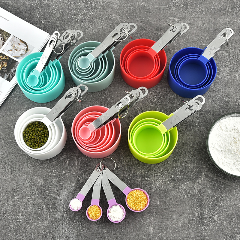 430 stainless steel handle measuring spoon plastic measuring cup 8-piece set with scale measuring spoon set baking tools wholesale
