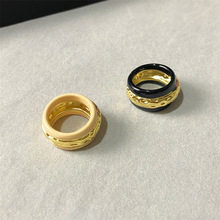 法式黑女王戒指女铜镀金黑金撞色高级感金属风珐琅滴釉食指戒指环