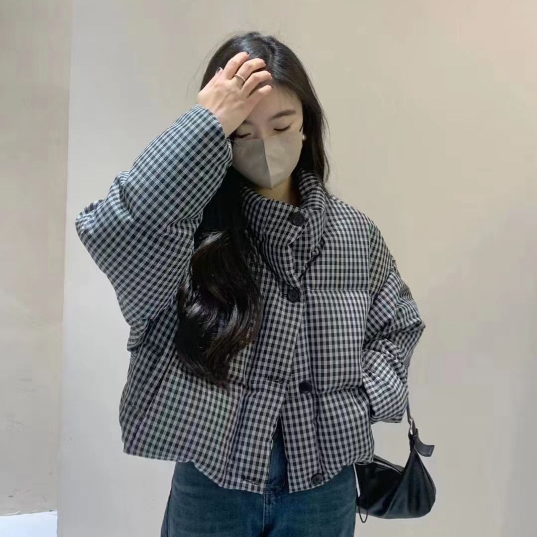 2023年新款冬季韩版千鸟格羽绒服女短款立领白鸭绒加厚面包服外套