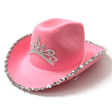 羽毛边字母牛仔帽亮片粉色 厂家现货西部牛仔帽 粉色皇冠牛仔帽