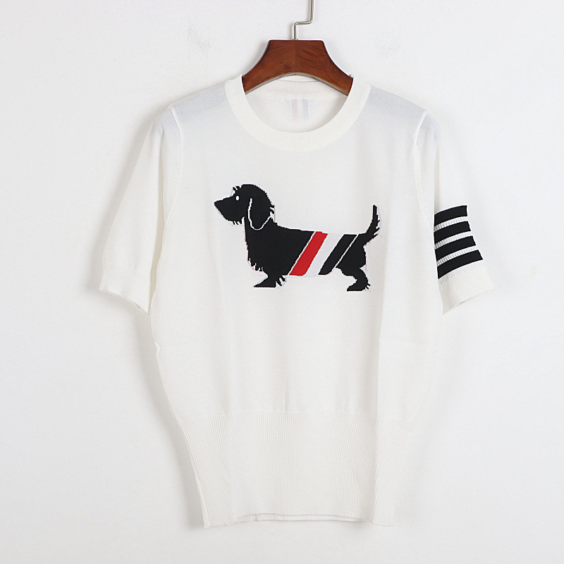 早夏季新款tb四道杠条纹撞色胸前小狗图案圆领冰丝短袖t恤上衣