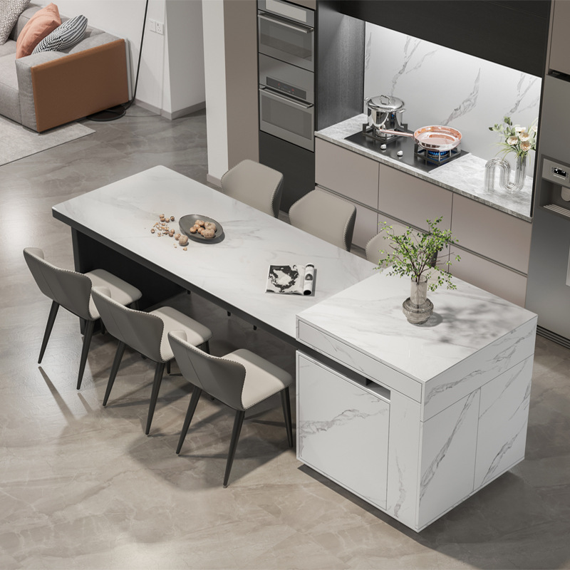 中岛台餐桌一体可伸缩轻奢岩板现代简约开放式吧台桌厨家用中岛台