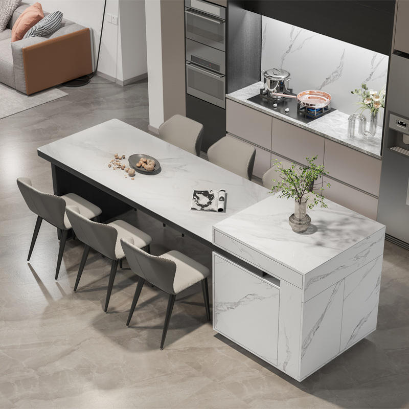 中岛台餐桌一体可伸缩轻奢岩板现代简约开放式吧台桌厨家用中岛台