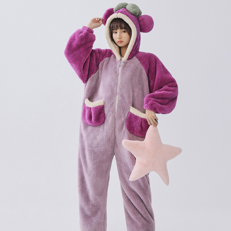 女士冬季长袖连体睡衣珊瑚绒加厚保暖女式冬天连帽拉链加绒居家服