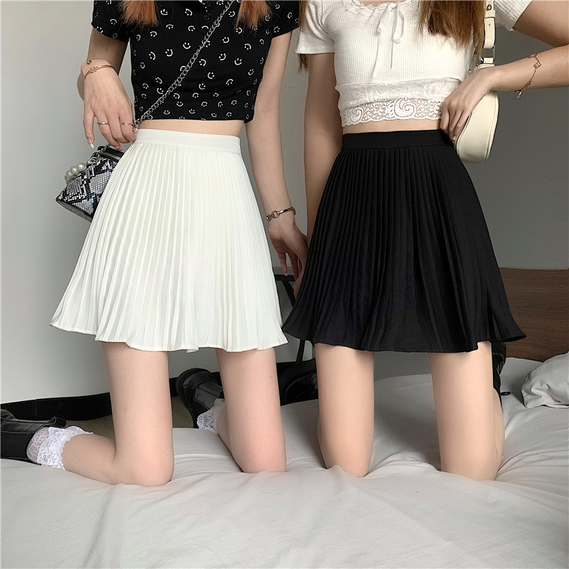 实拍现货~夏韩版百褶超短裙百搭半身裙女高腰显瘦a字裙纯色-阿里巴巴
