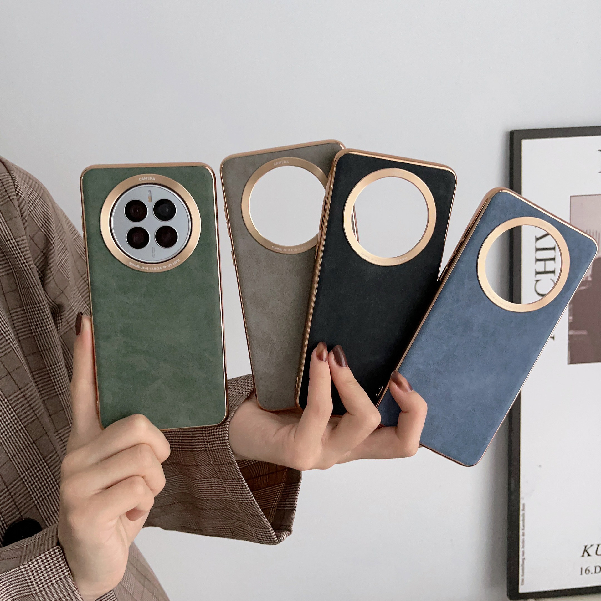 适用华为mate50pro电镀羊巴皮手机壳mate40全包套p60pr皮革magic5