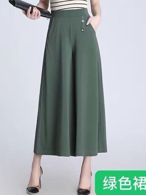 Mother's Wide-Leg Pants Summer Thin High Waist Middle-Aged and Elderly Culottes Wide-Leg Pants Middle-Aged Women's Pants Elastic Waist Casual Pants