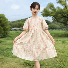 女童连衣裙2024夏季新款时髦洋气拼接碎花棉布裙中大童女孩公主裙