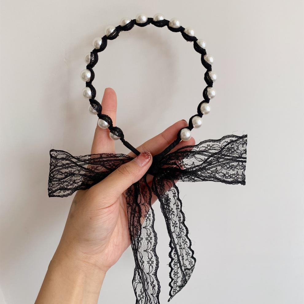 仙气发箍发带一体系带女绑发温柔蕾丝飘带超仙麻花辫珍珠丝带头饰