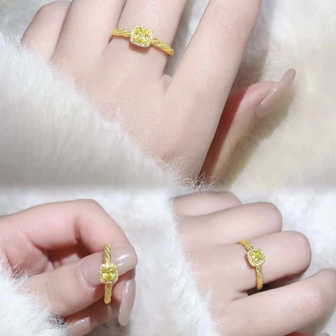 Small Sugar Cube Ring Women's Light Luxury Super Flash Inlaid Yellow Diamond Twist Drill Citrine Ring Gold Plated Advanced Little Red Book Recommendation