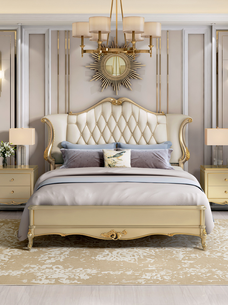 美式轻奢皮床 主卧室欧式实木雕花公主床1.8米双人床田园婚床