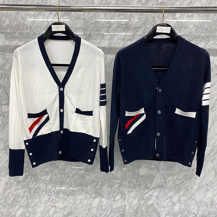 2021春秋新款tb四条杠口袋三色条纹v领针织羊毛开衫外套女