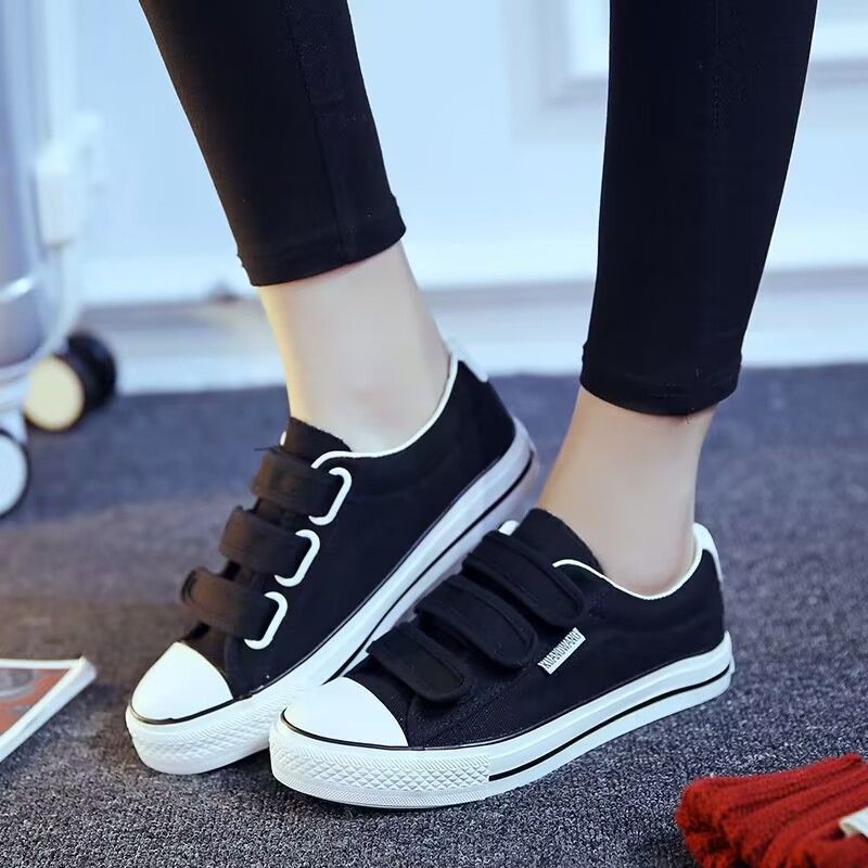 秋季黑色帆布鞋魔术贴小白鞋女士布鞋新款平底百搭